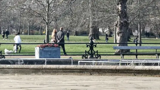 People strolling through Hyde Park, London, under bare trees on a clear day.