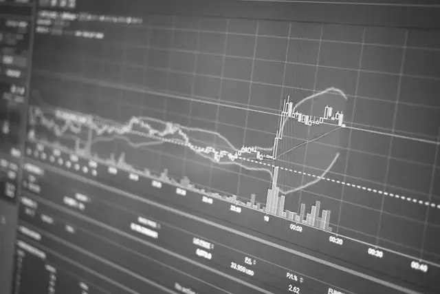 Black and white display of financial chart with data and statistics for trading analysis.