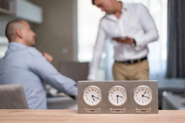 Two businessmen in an office with clocks displaying Dubai, Sofia, London time.